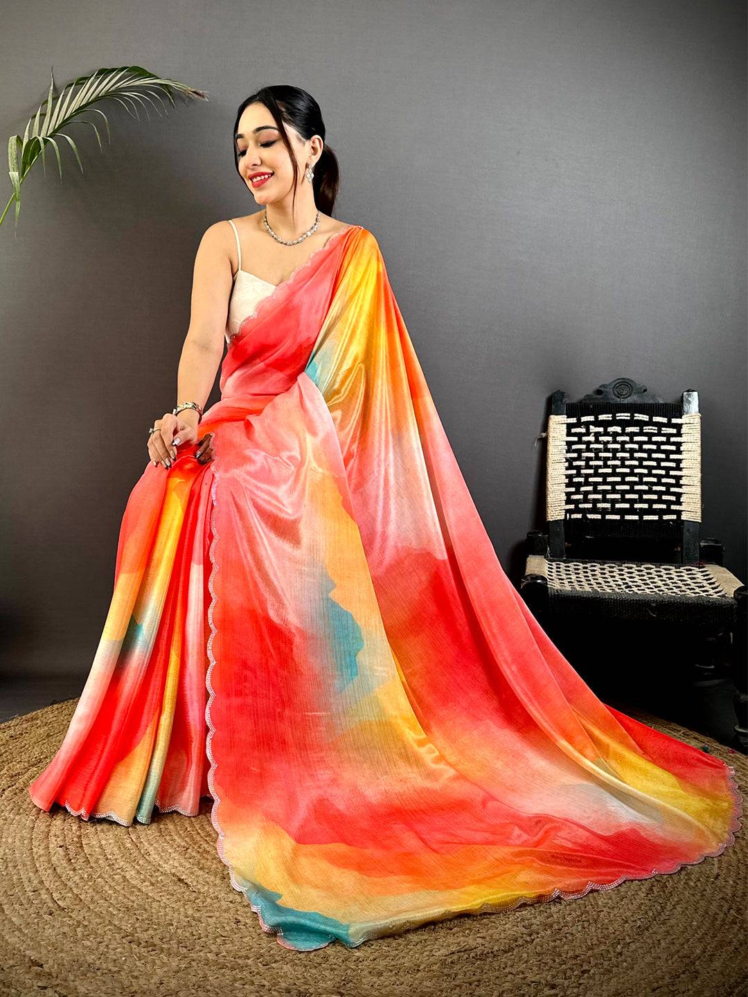 Majestic Freehand Abstract Chinnon Saree