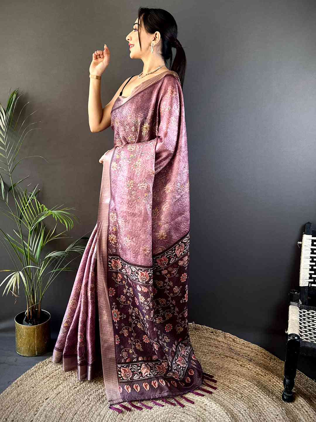 Lavender Gold Zari Chanderi Phulkari Floral Saree