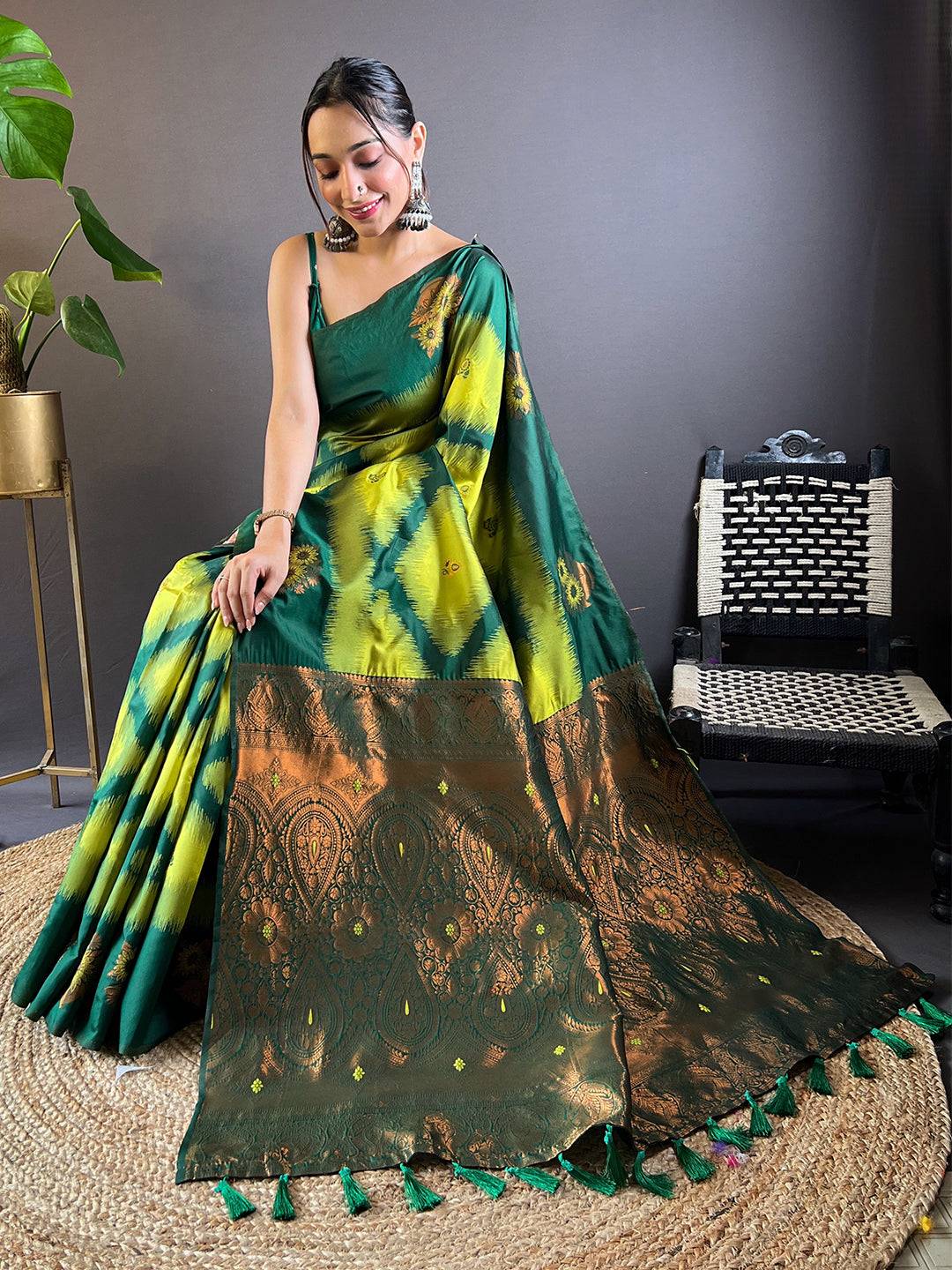 Green Tussar Silk Ikkat Weaving Saree with intricate border