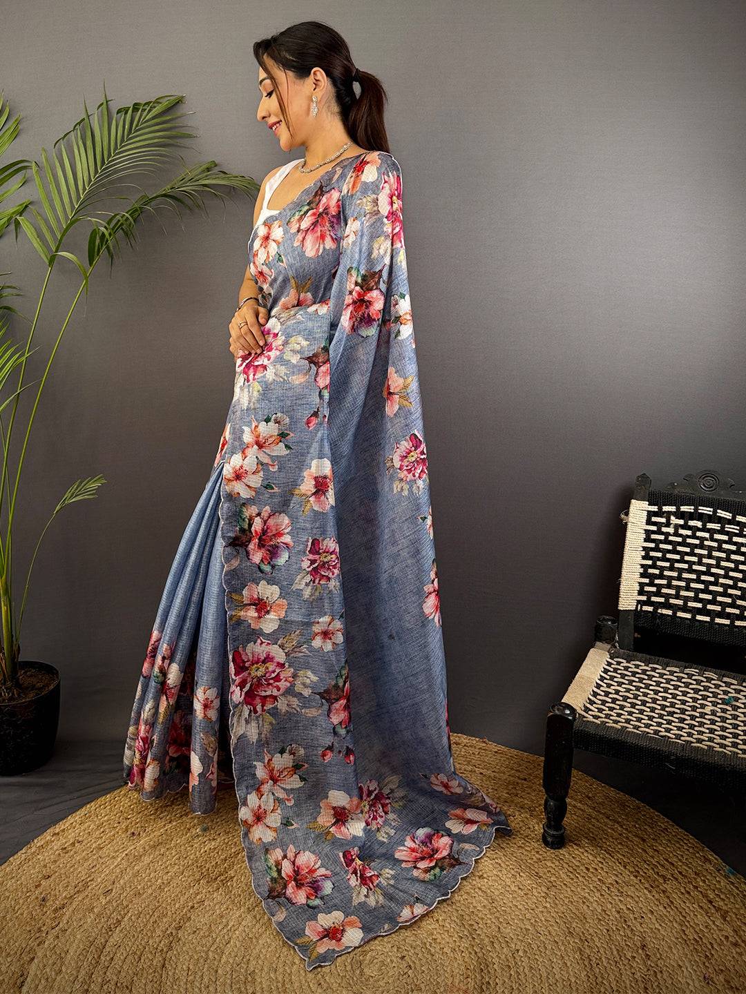 Dusty Blue Kota Floral Digital Cut Work Saree