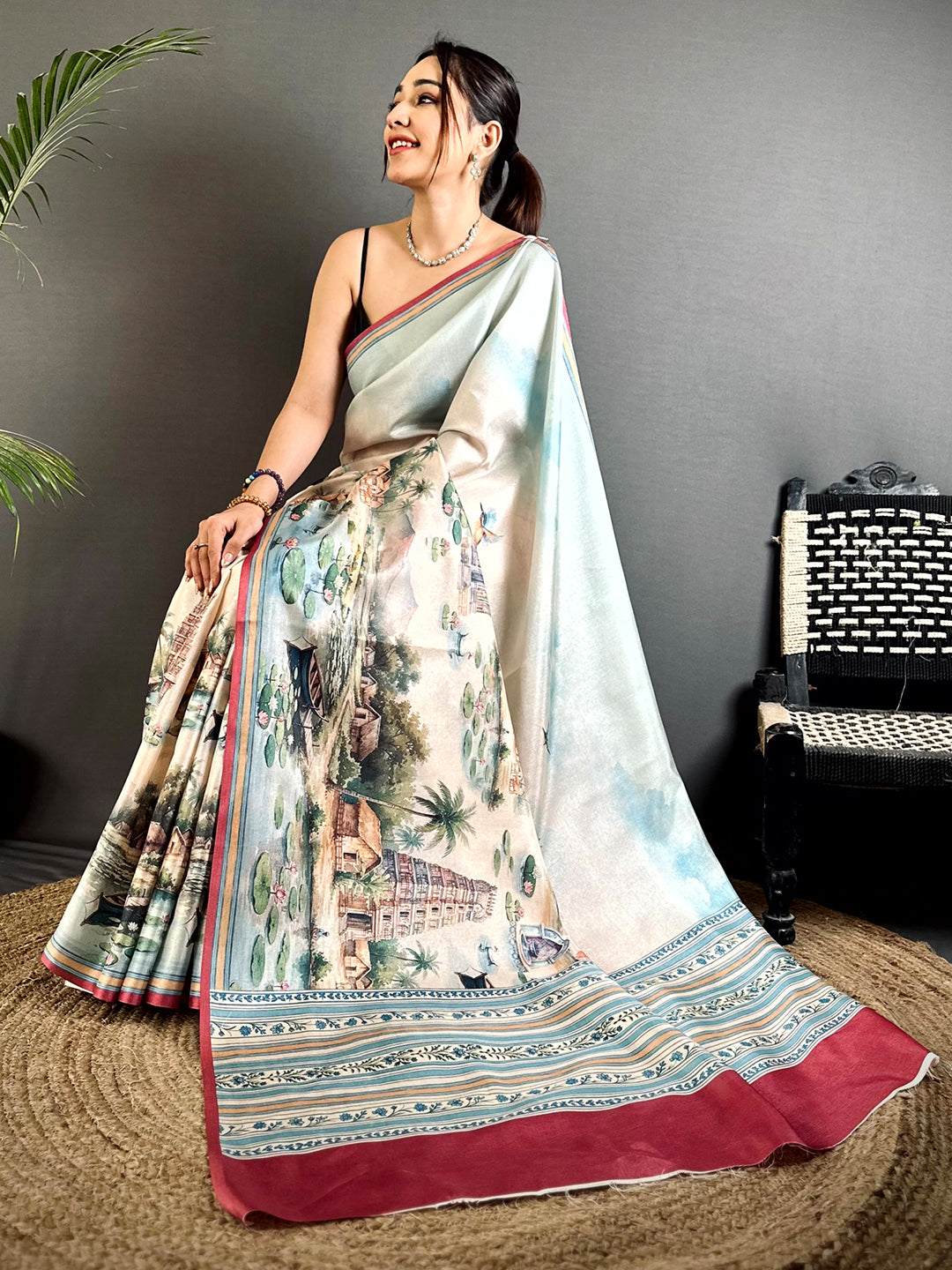 Elegance Tussar Landscape Digital Saree