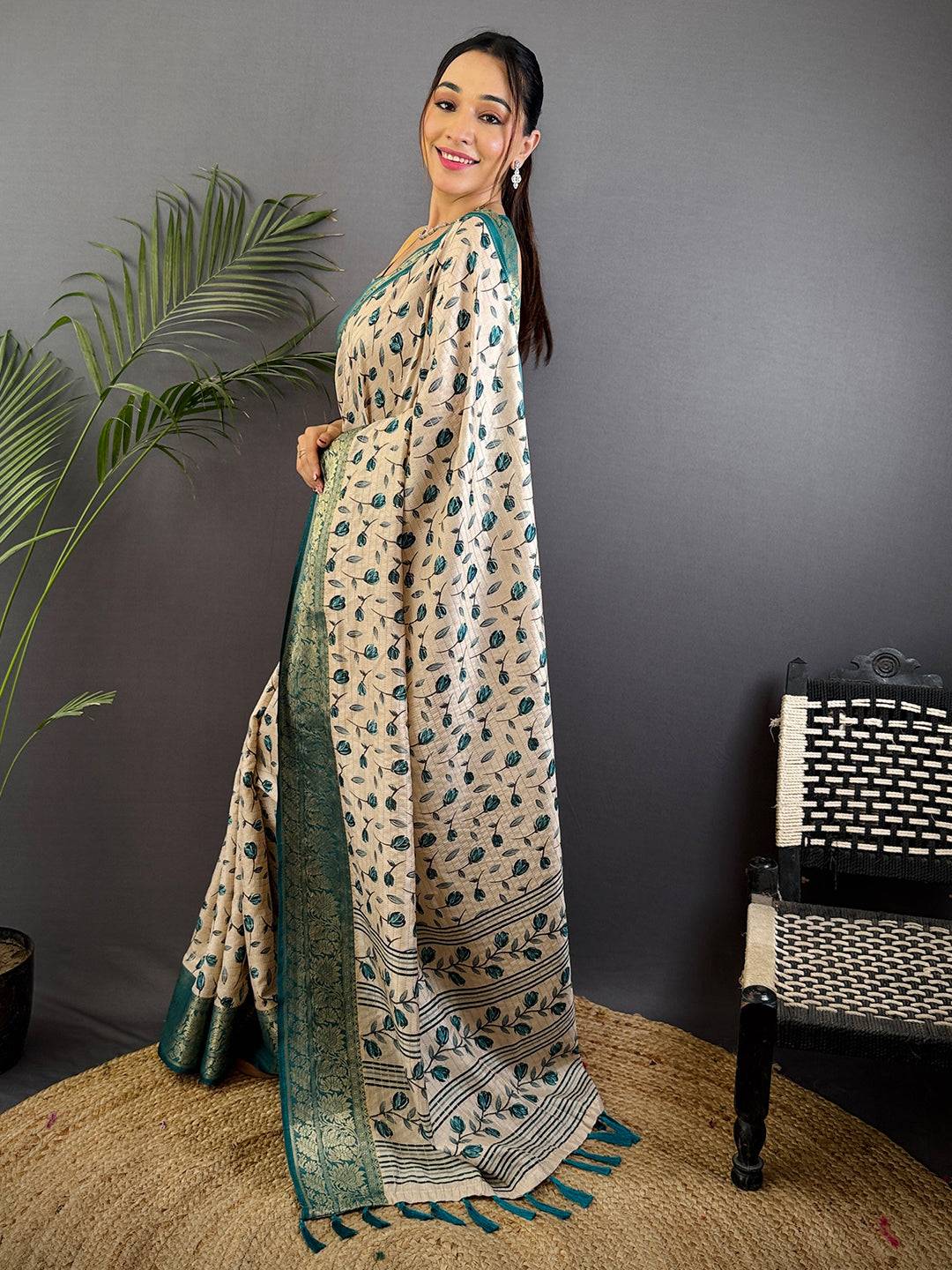Radiant Leaf Print Soft Dola Silk Saree
