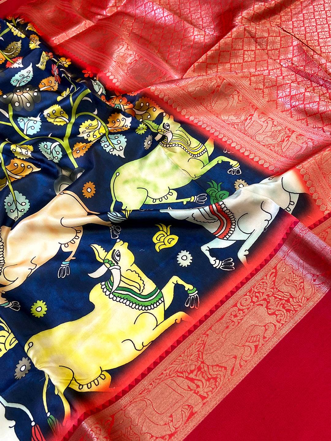 Elegant Navy Blue Kalamkari Banarasi Saree