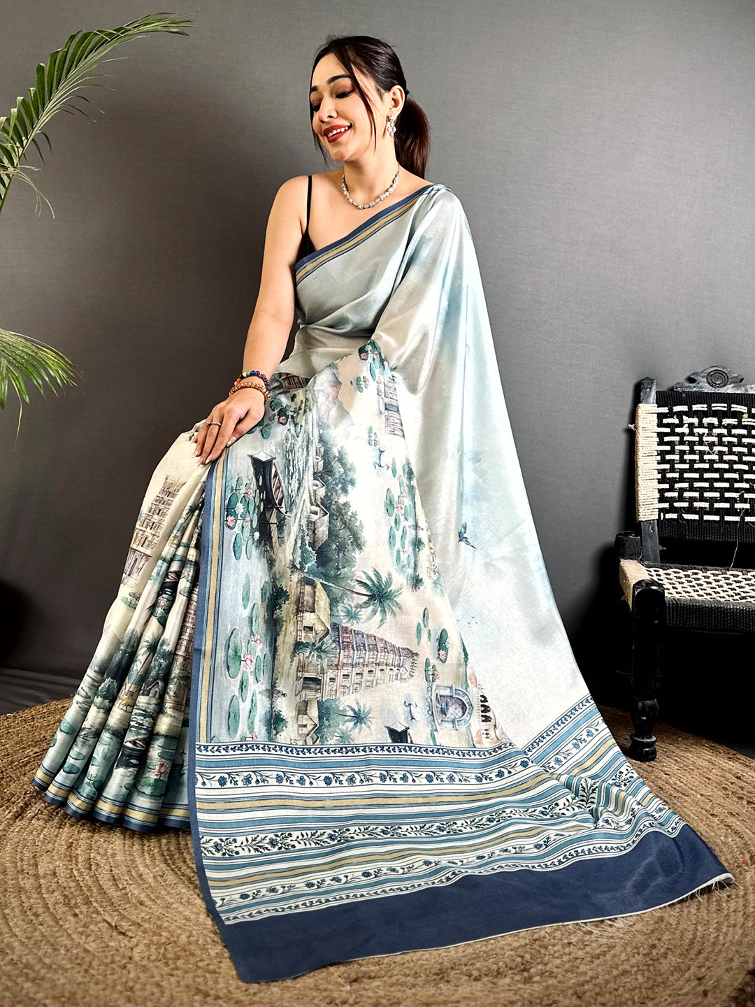 Vibrant Tussar Landscape Digital Saree
