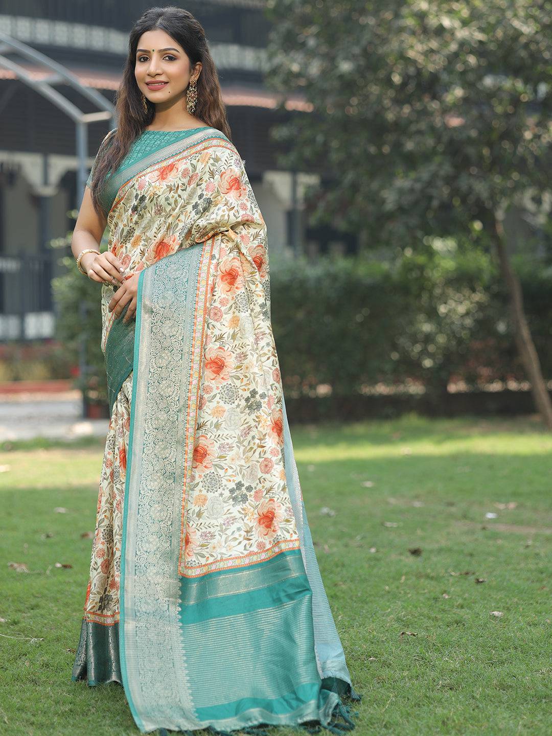 Sea Green Colour Phulkari Design Zari Weaving Pallu Saree