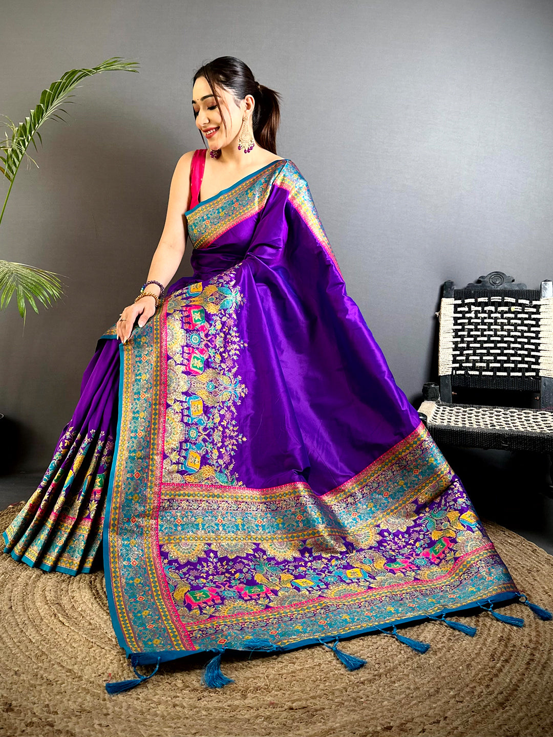 Purple Kashmiri Art Soft Silk Saree