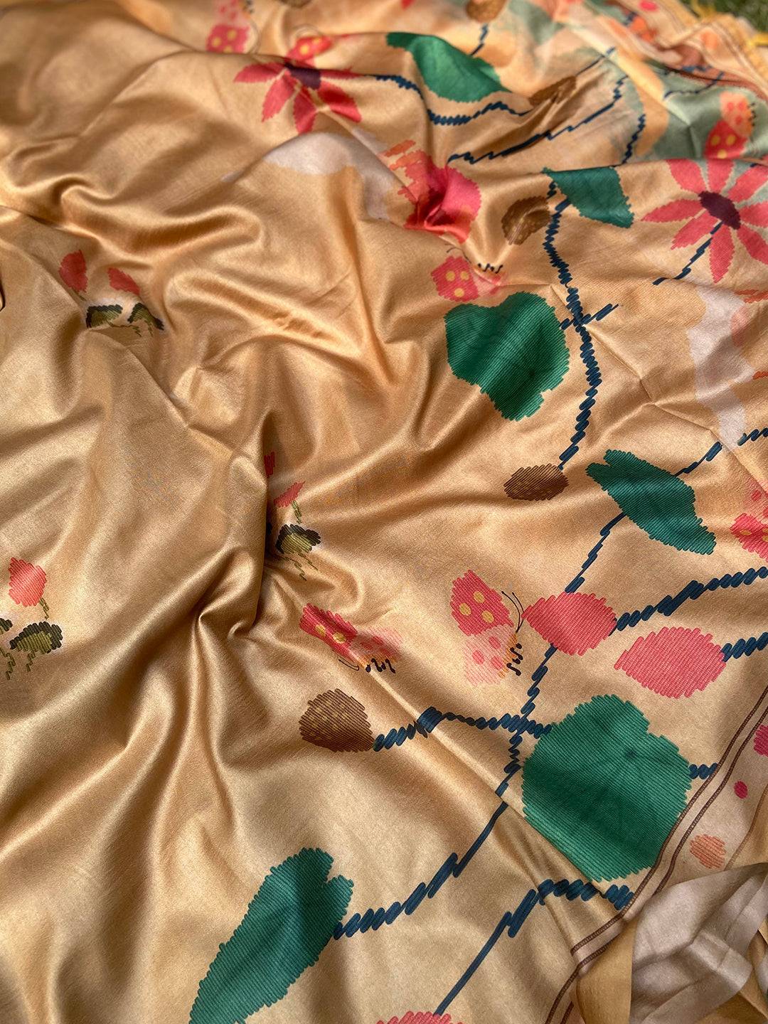 Close-up of Gold Tussar Silk Saree with Floral Kalamkari Design