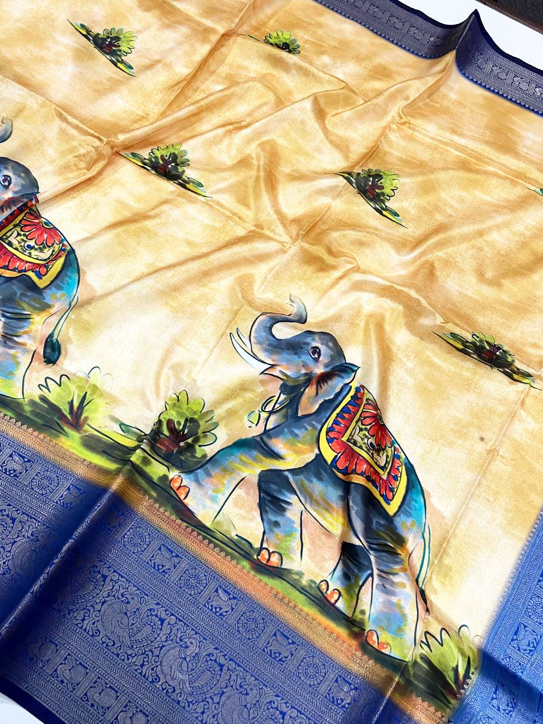 Golden Beige Banarasi Silk Kalamkari Saree