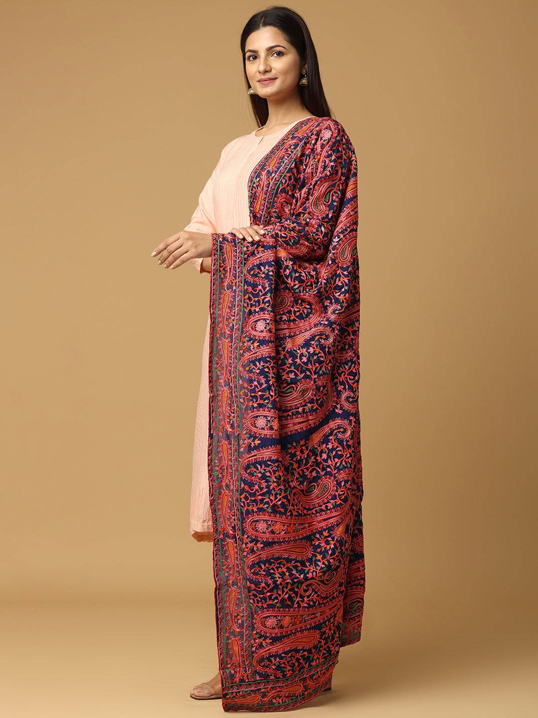 Side view of navy and red embroidered dupatta showcasing detailed patterns.