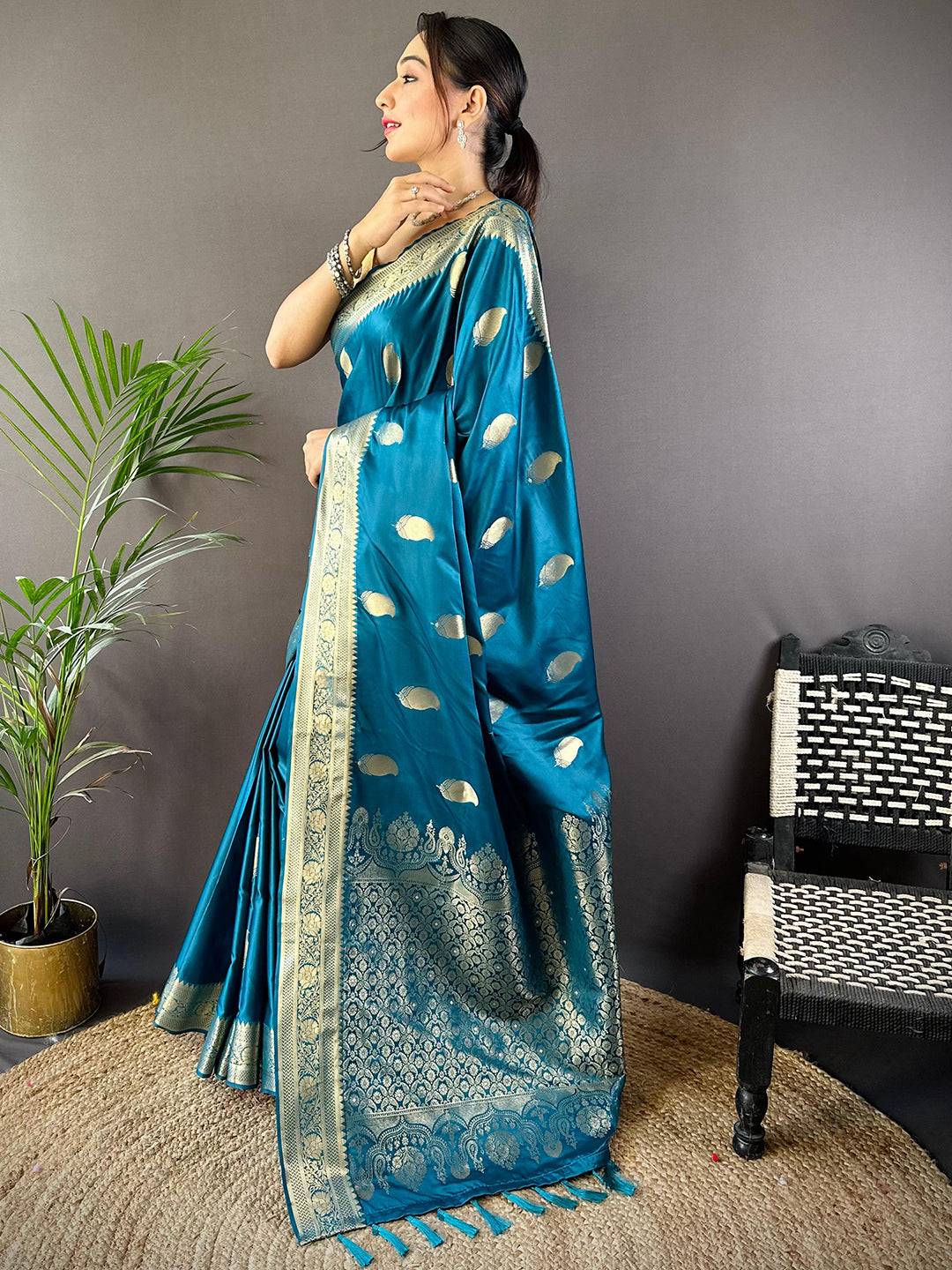 Teal Banarasi Soft Satin Masru Mango Silk Saree
