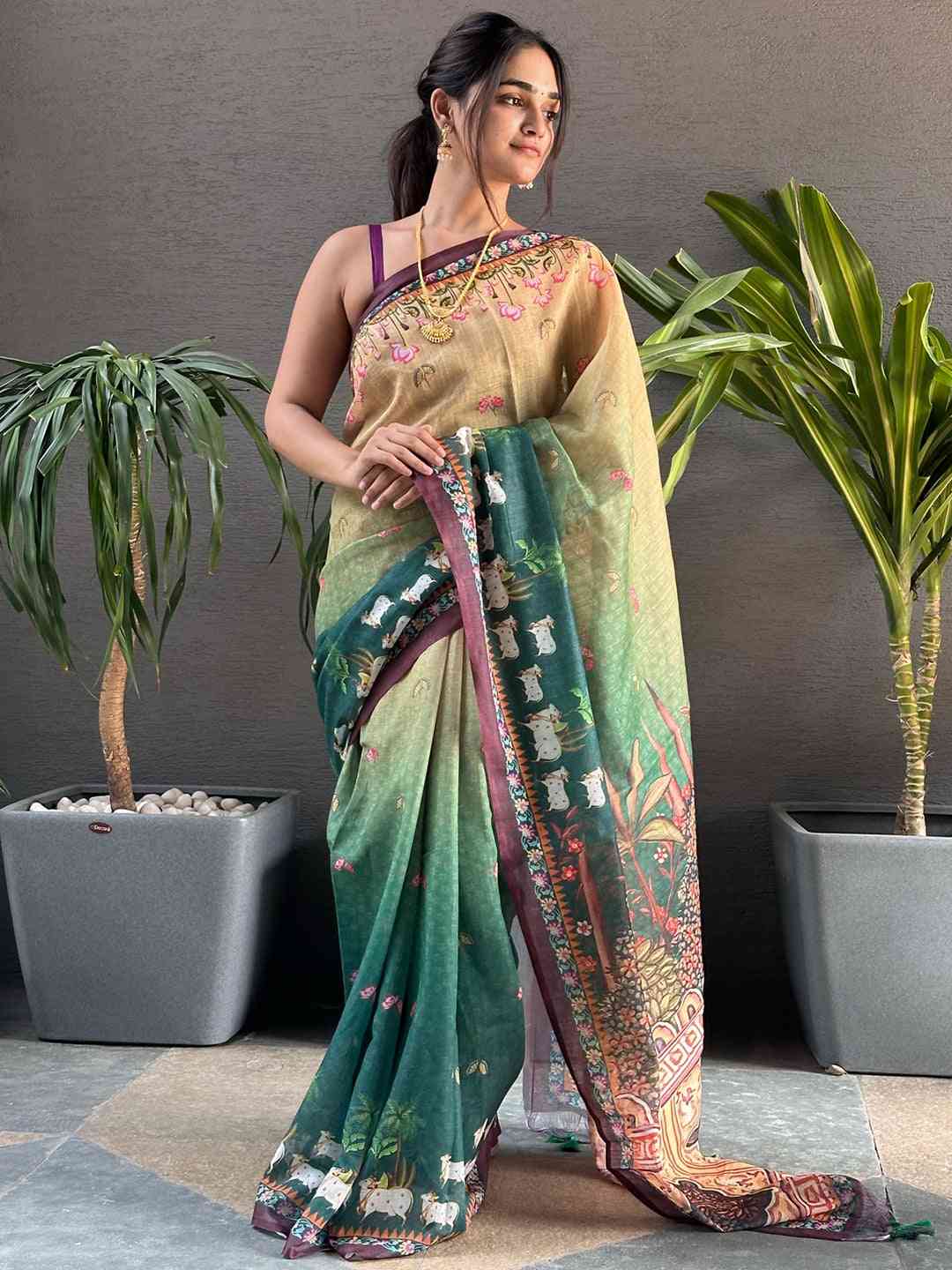 Traditional Soft Linen Ombre Pichwai Green Saree display