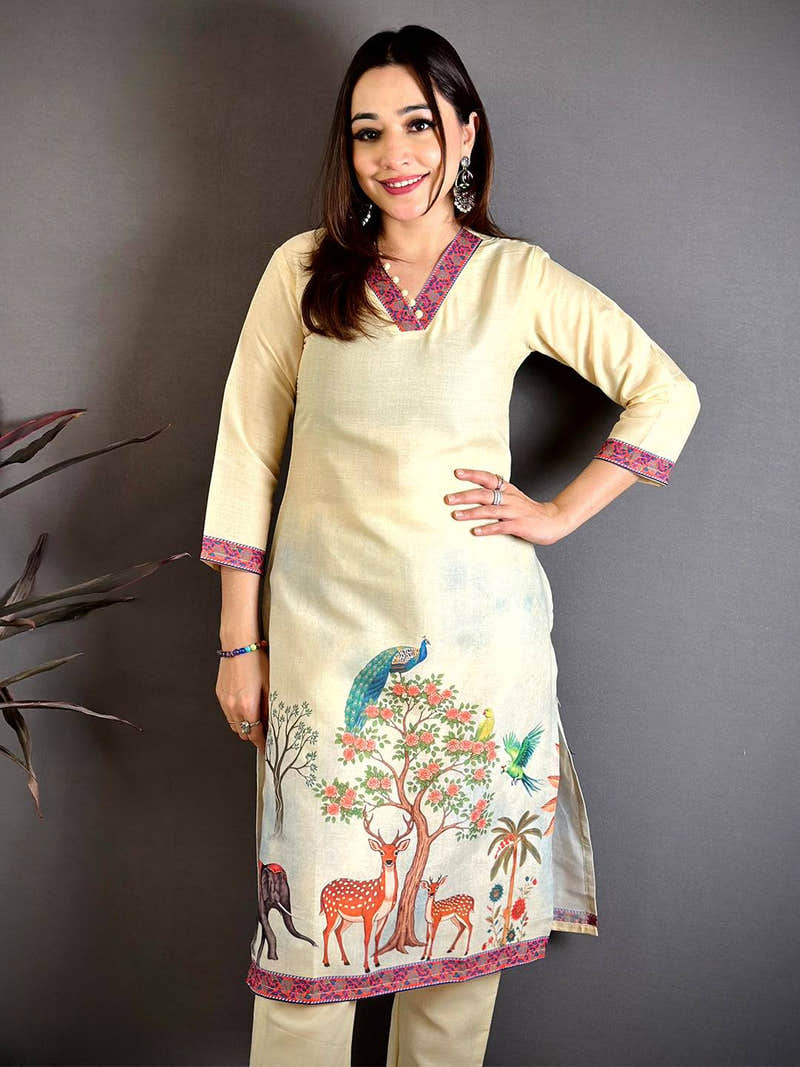 Cream Mul Cotton Mughal Butta Print Kurti with Floral Border