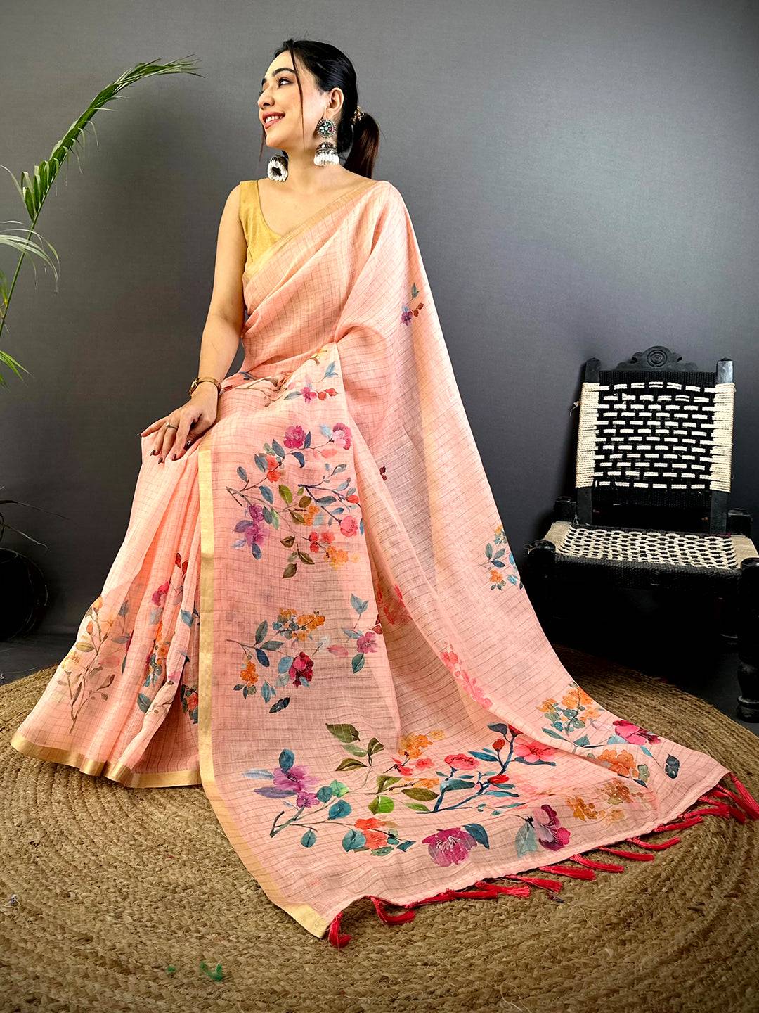 Peach Linen Chex Floral Saree