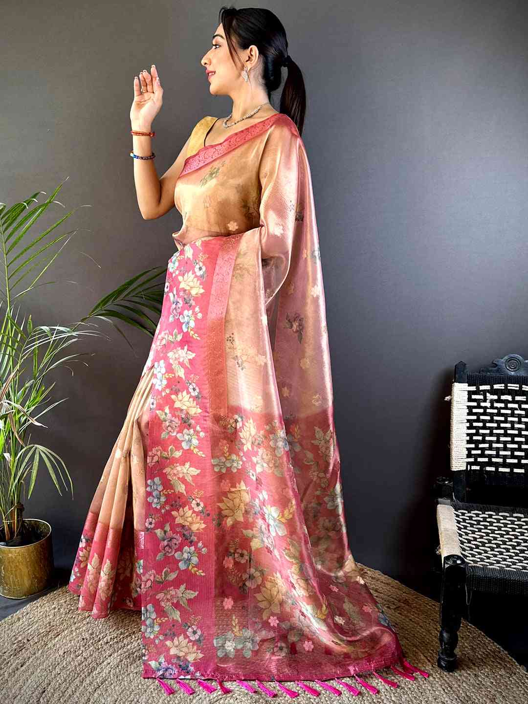 Red Tissue Digital Floral Saree