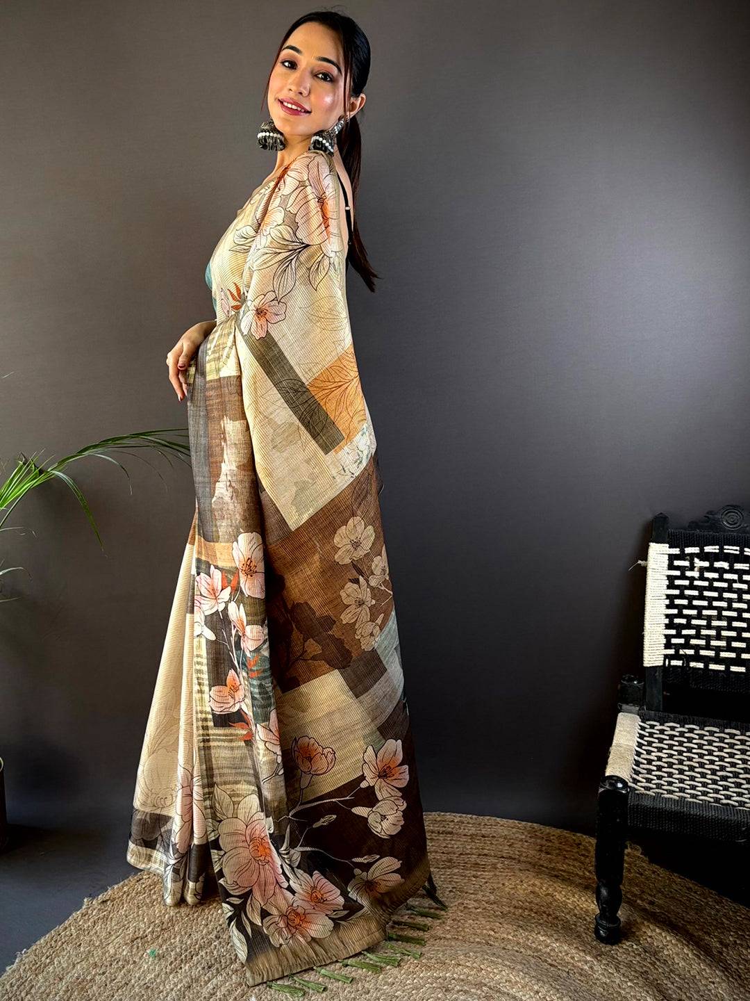 Dark Khaki Semi-Gold Zari Abstract Tussar Saree