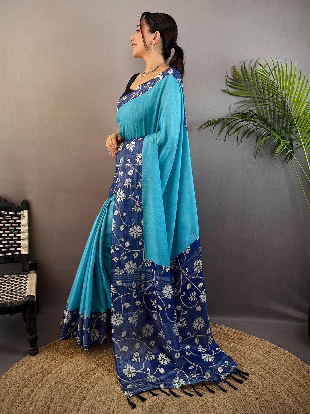 Sky Blue Linen Kalamkari Print Saree