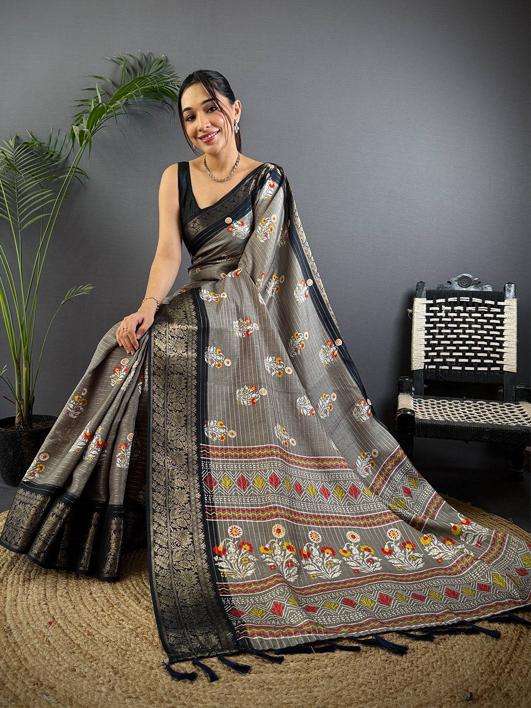 Grey Dola Silk Ajrakh Saree