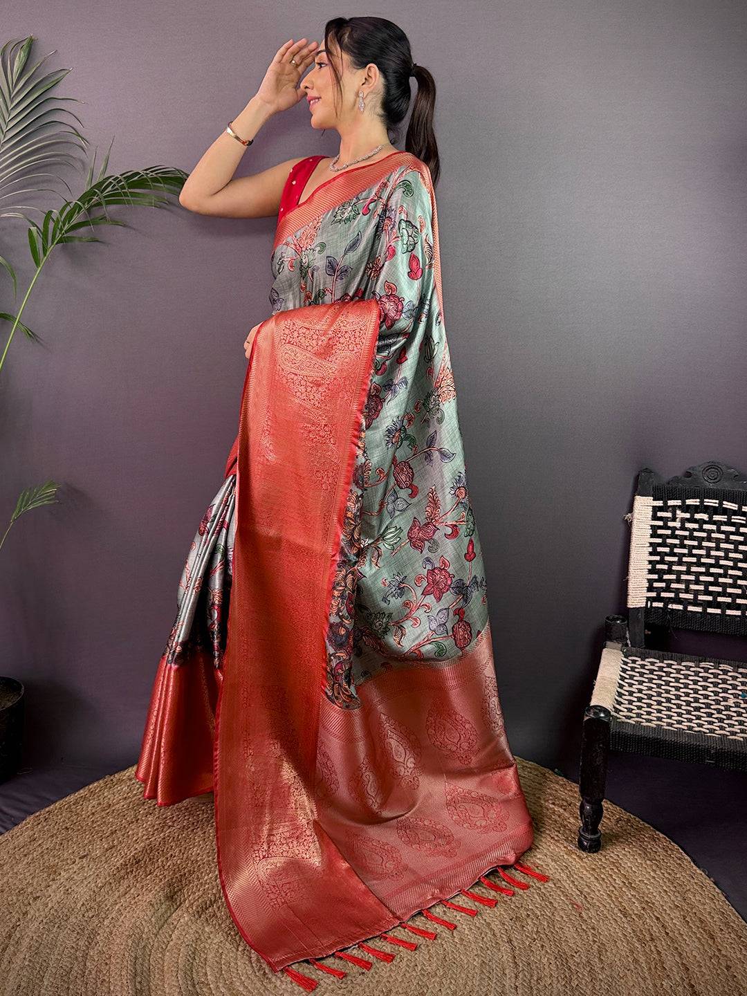 Sea Green Cherry Satin Kalamkari Saree