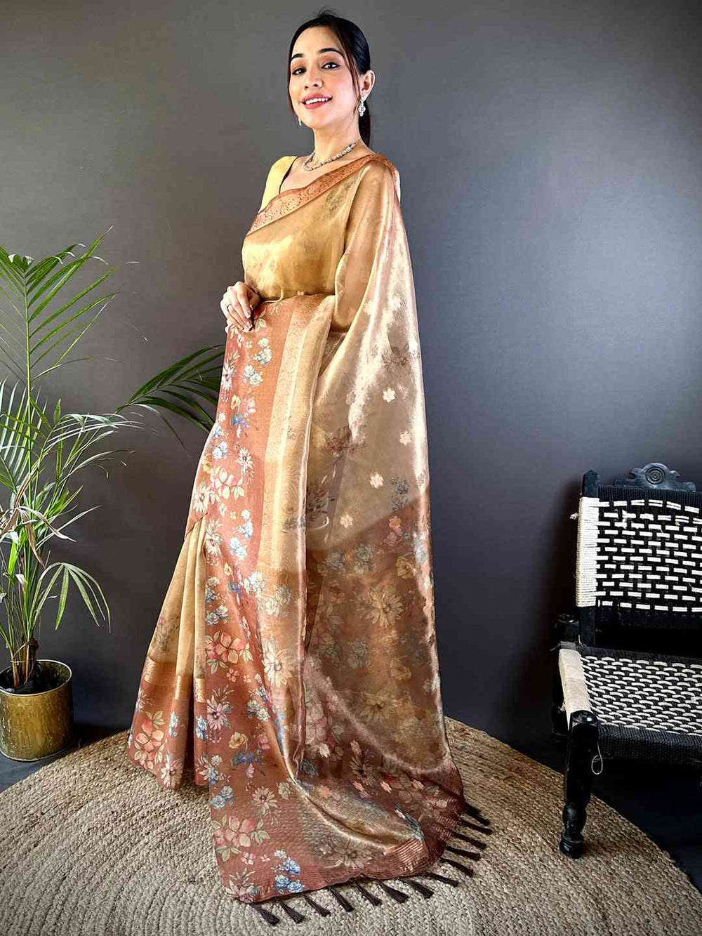 Mustard Tissue Digital Floral Saree
