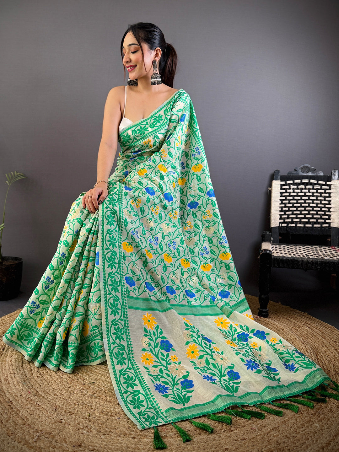 Green Dhakai Jamdani Cotton Silk Saree