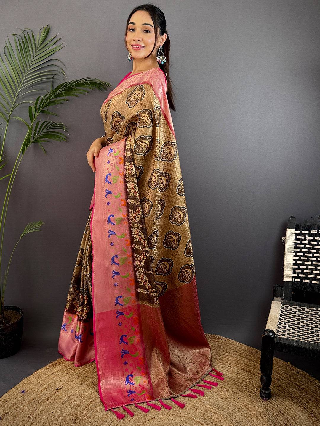 Beige Kora Muslin Kalamkari Floral Print Saree