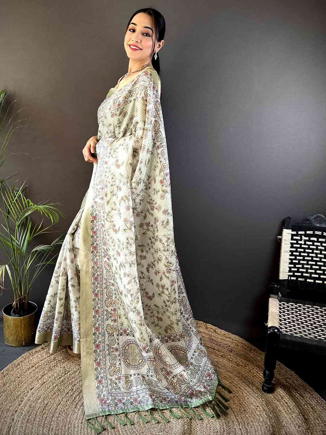 Sage Green Chanderi Madhubani Black Chex Saree