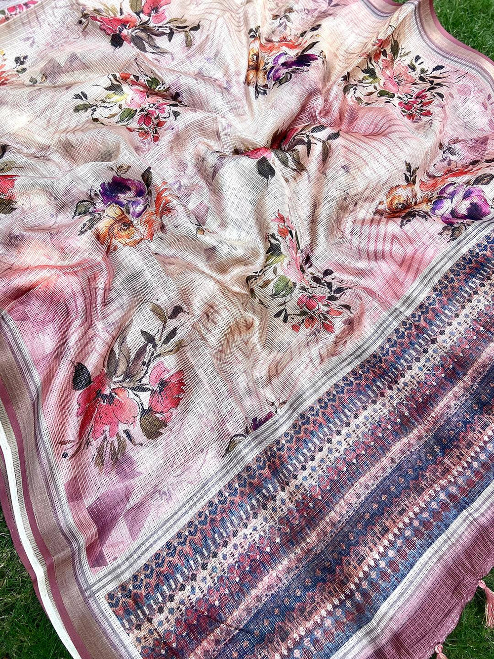 Cream Colour Soft Kota Doriya Silk Saree With Flower Print