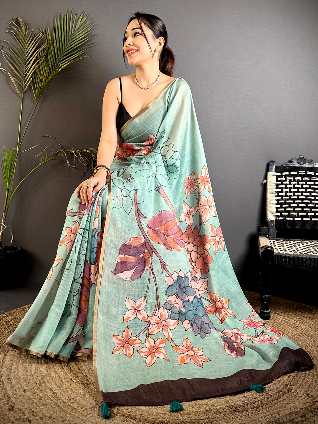 Classic Sea Green Floral Linen Saree