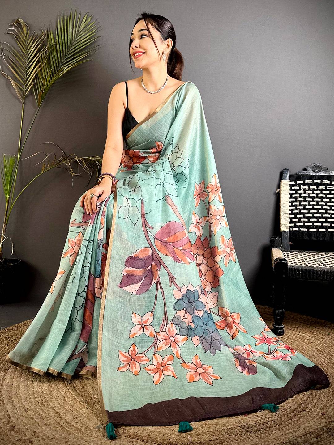 Classic Sea Green Floral Linen Saree