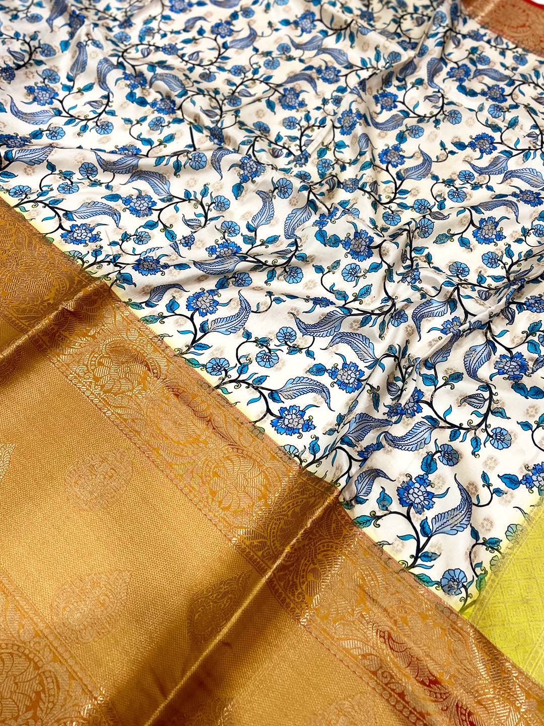 Peach Floral Printed Banarasi Silk Saree