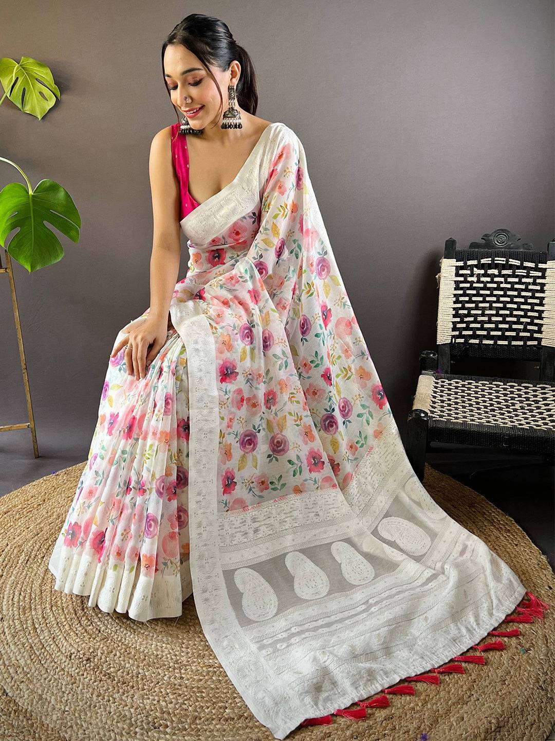 Multicolor Flower Digital Print Saree