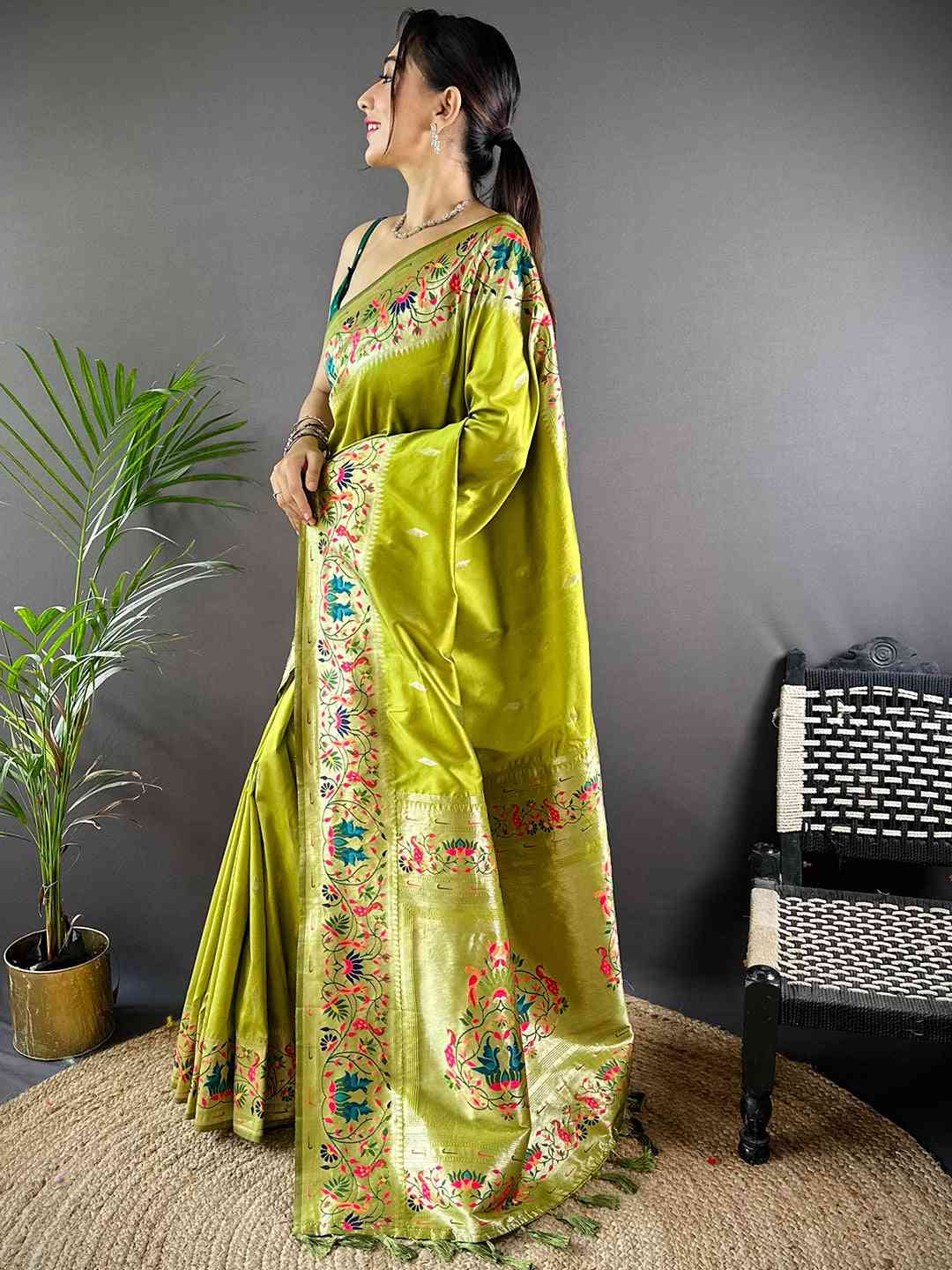Pista Yevla Paithani Meenakari Saree