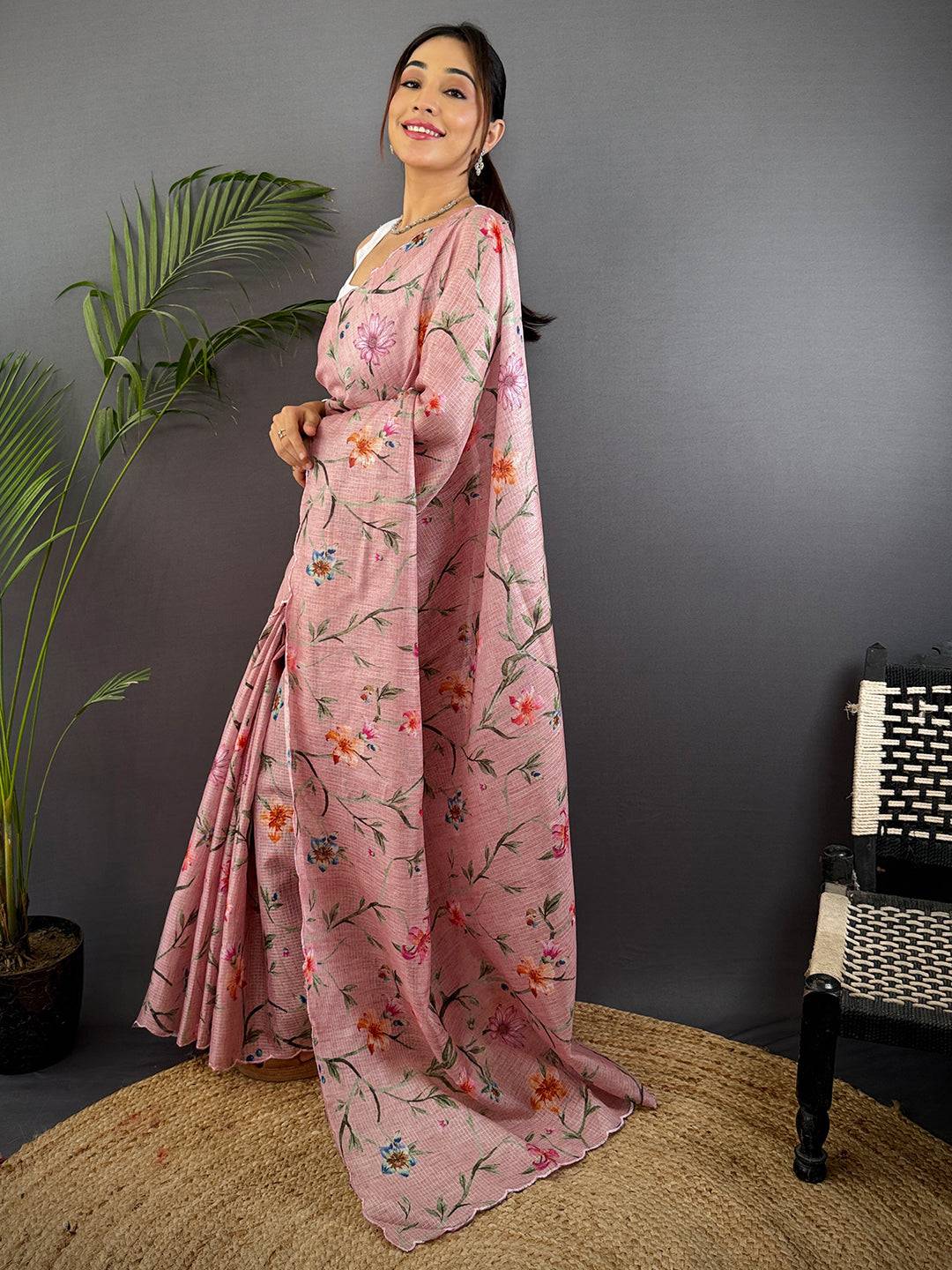 Light Pink Soft Kota Floral Print Saree