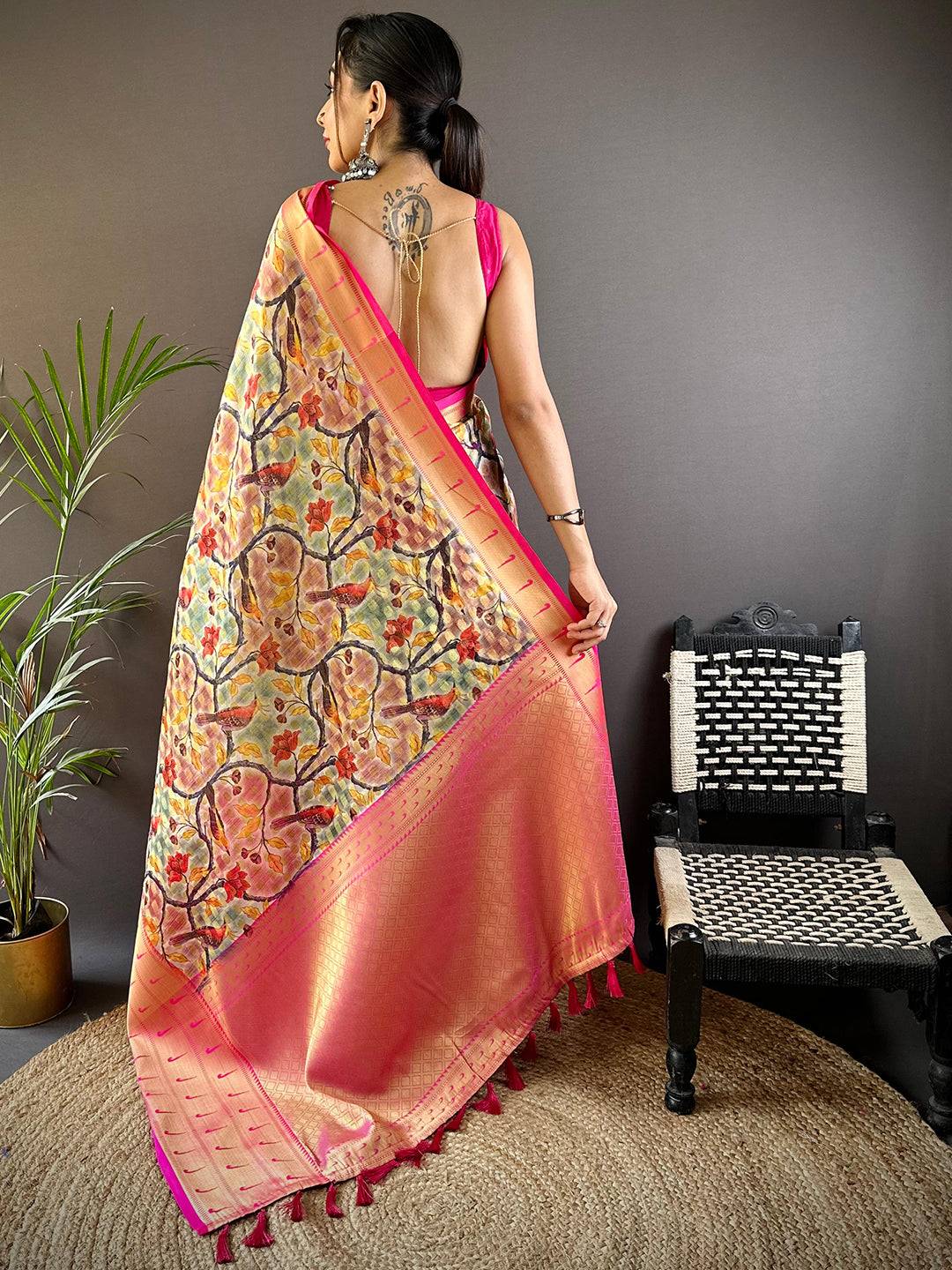 Cream Kalamkari Paithani Kora Silk Saree