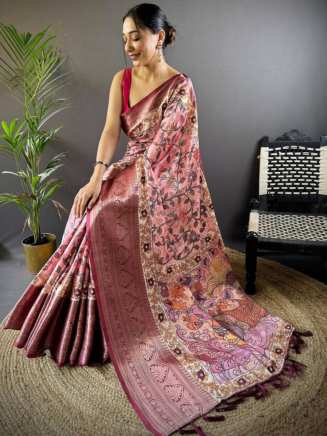 Rose Pink Floral Kalamkari Print Saree