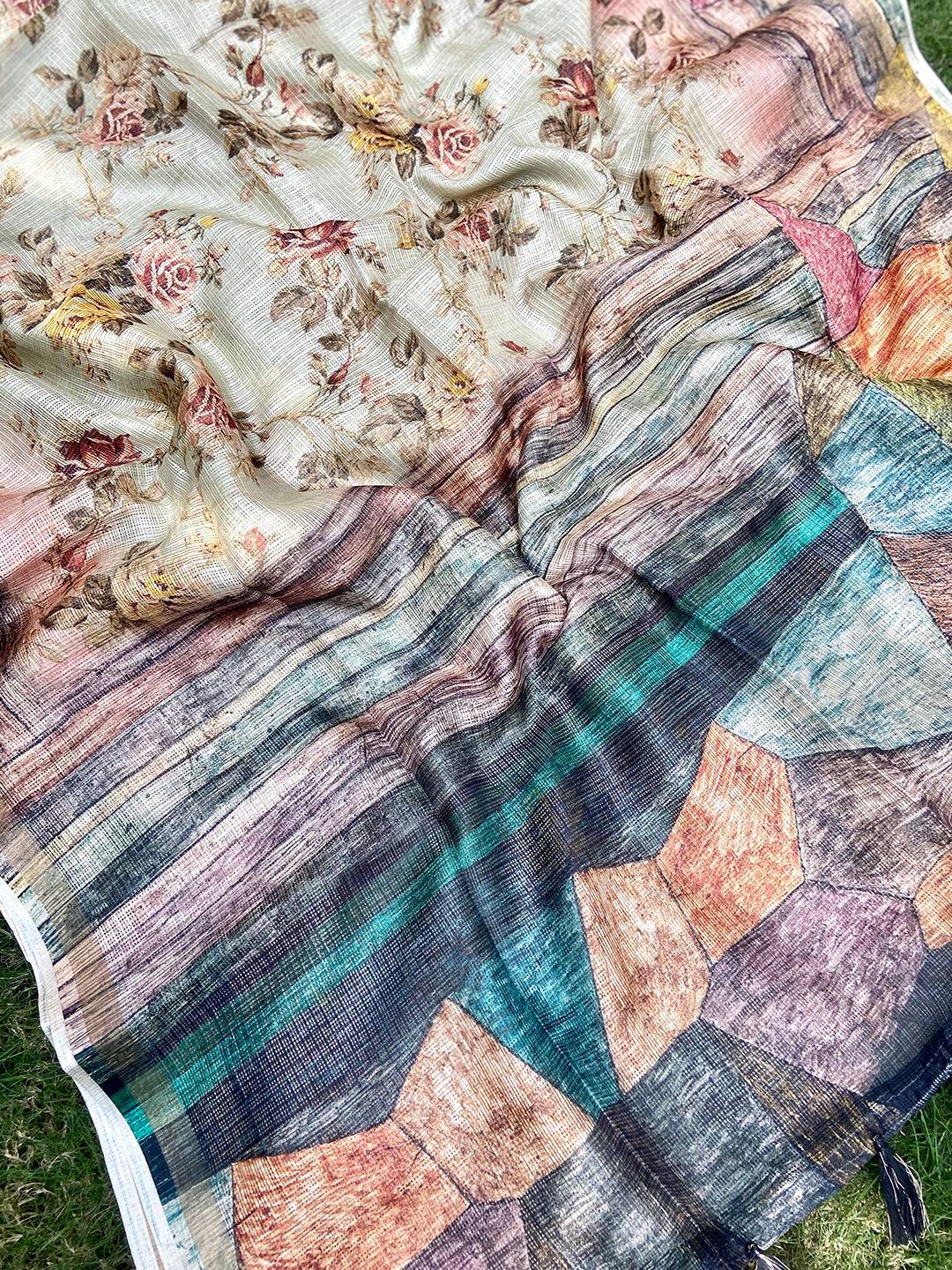 Beige Kota Doriya Silk Saree With Flower & abstect Prints