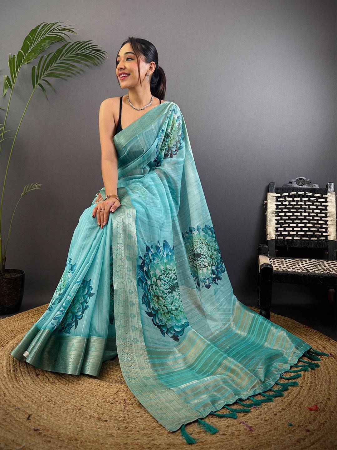 Aqua Soft Organza Digital Print Saree