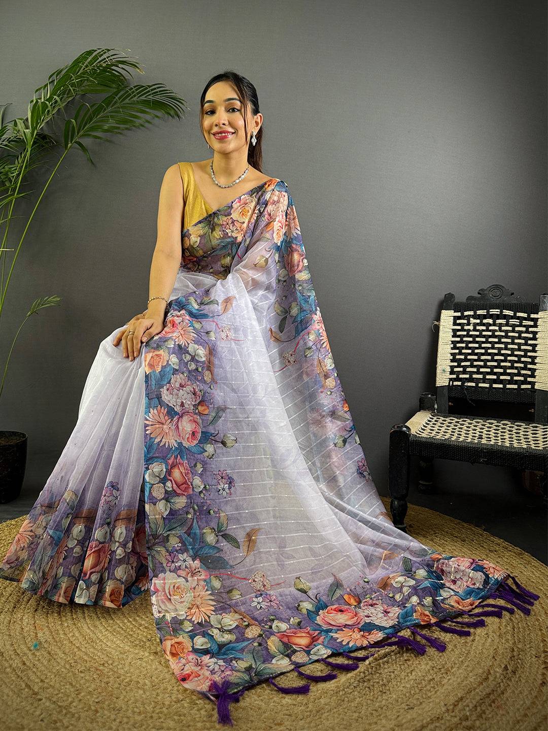Light Purple Soft Organza Digital Floral Saree