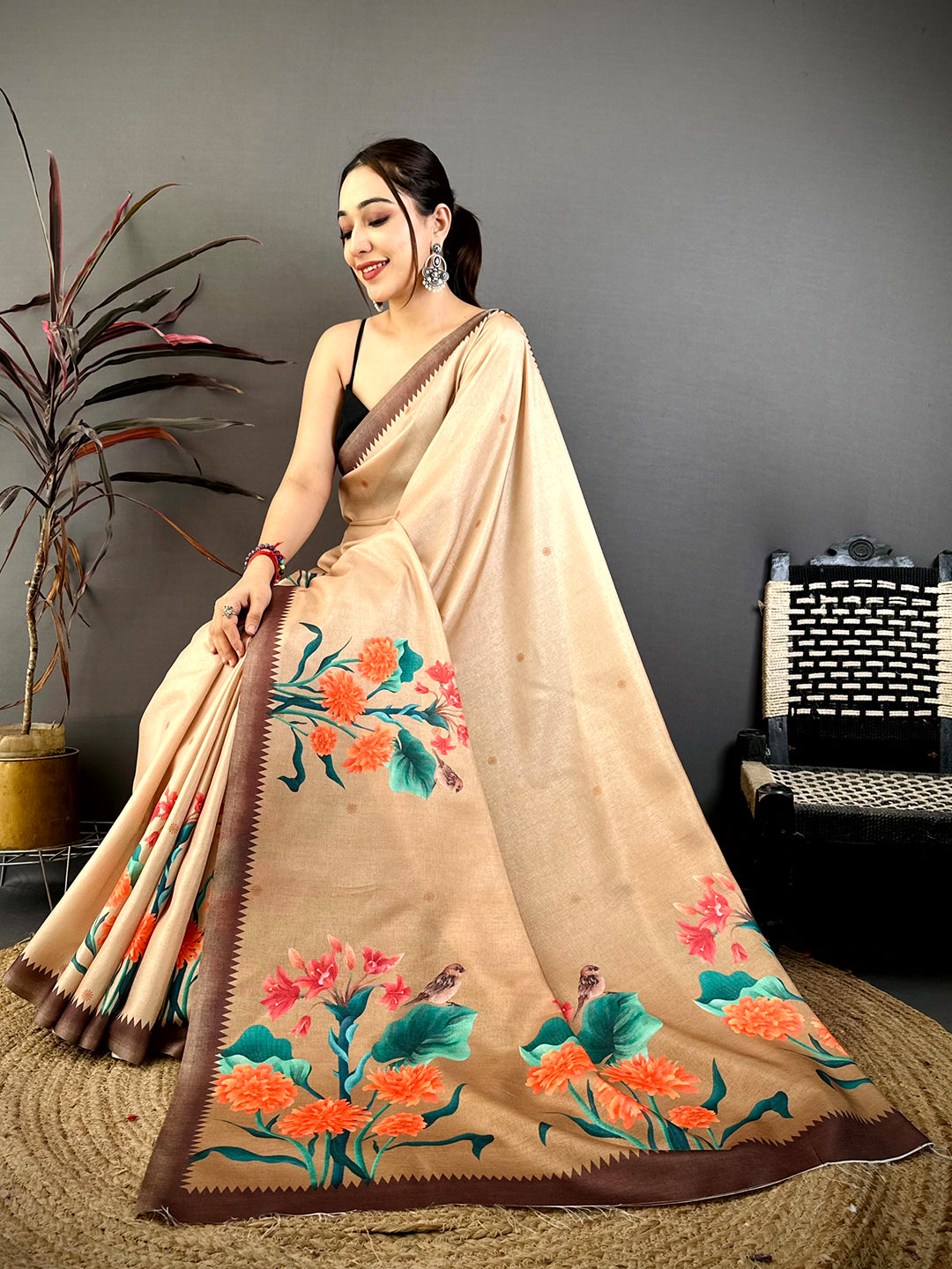 Stylish Beige Tussar Floral Print Saree