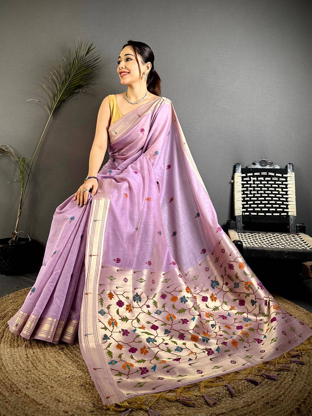 Lavender Geometric Patola Khadi Linen Saree