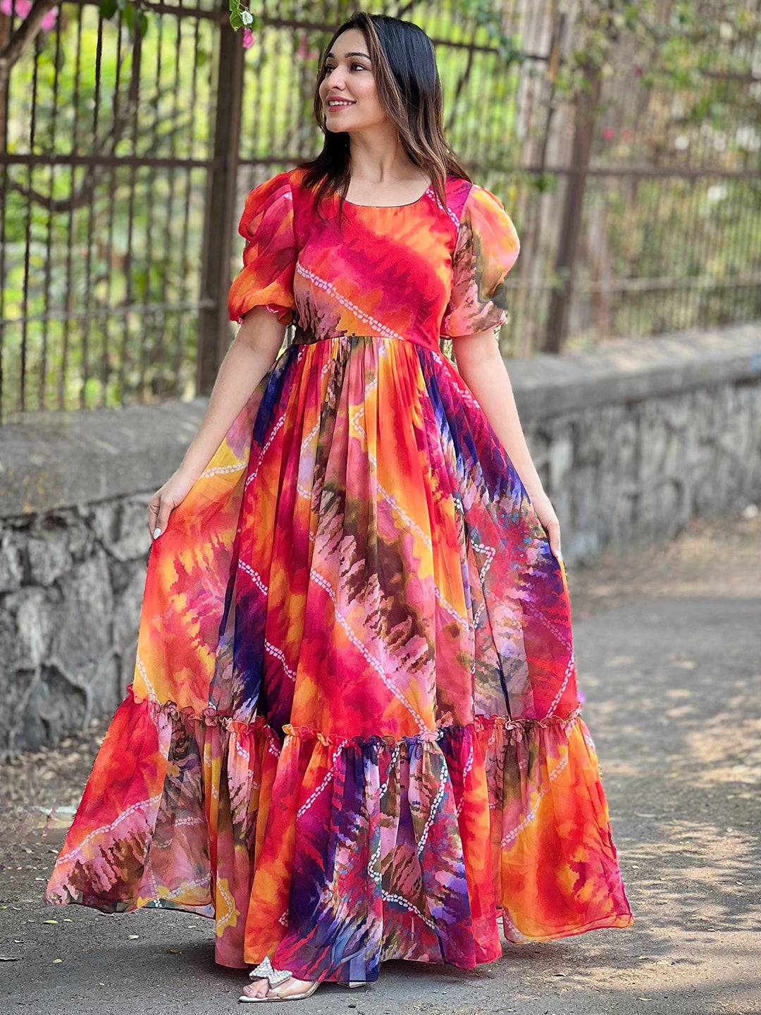 Elegant multi batik bandhej dress with flowing design
