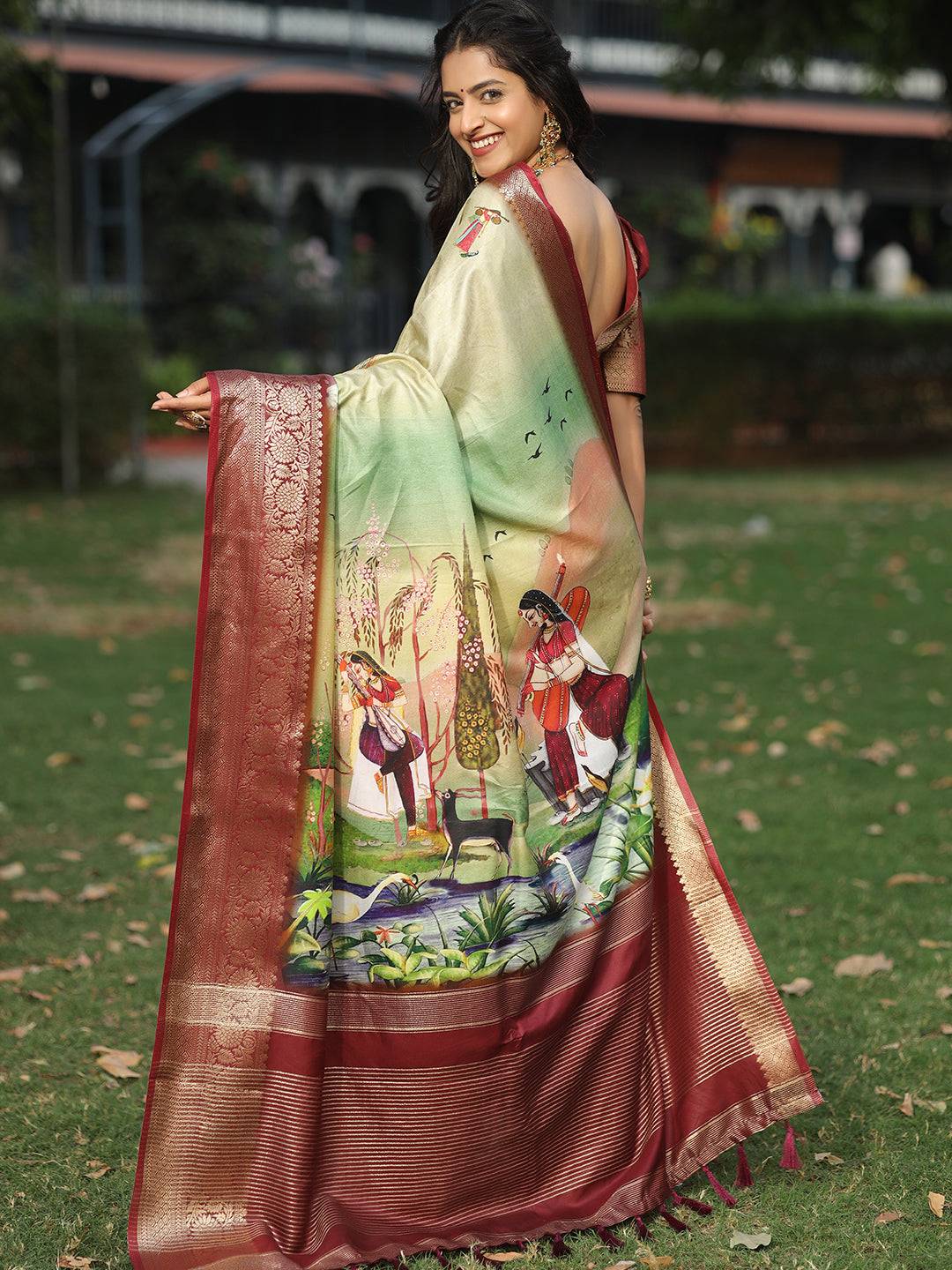 Viscose Dola Silk Pista Saree with Floral and Mughal Print