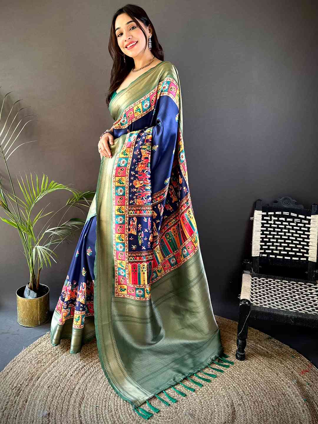 Dark Blue Mughal Kalamkari Print Pashmina Saree