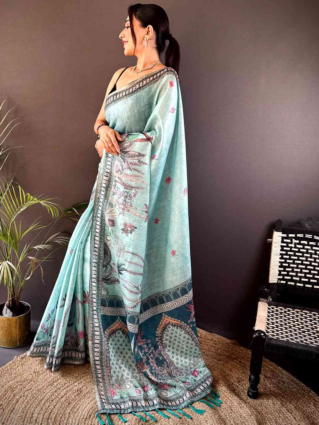 Sky Blue Tussar Floral Leaf Print Saree