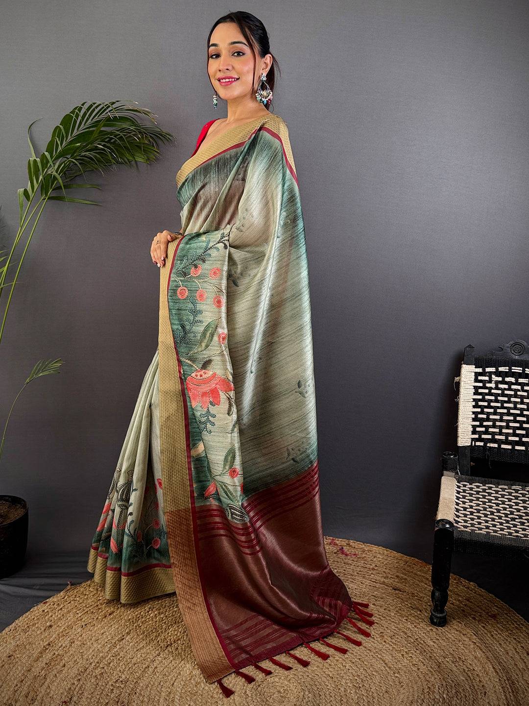Rama Tussar Silk Digital Print Saree