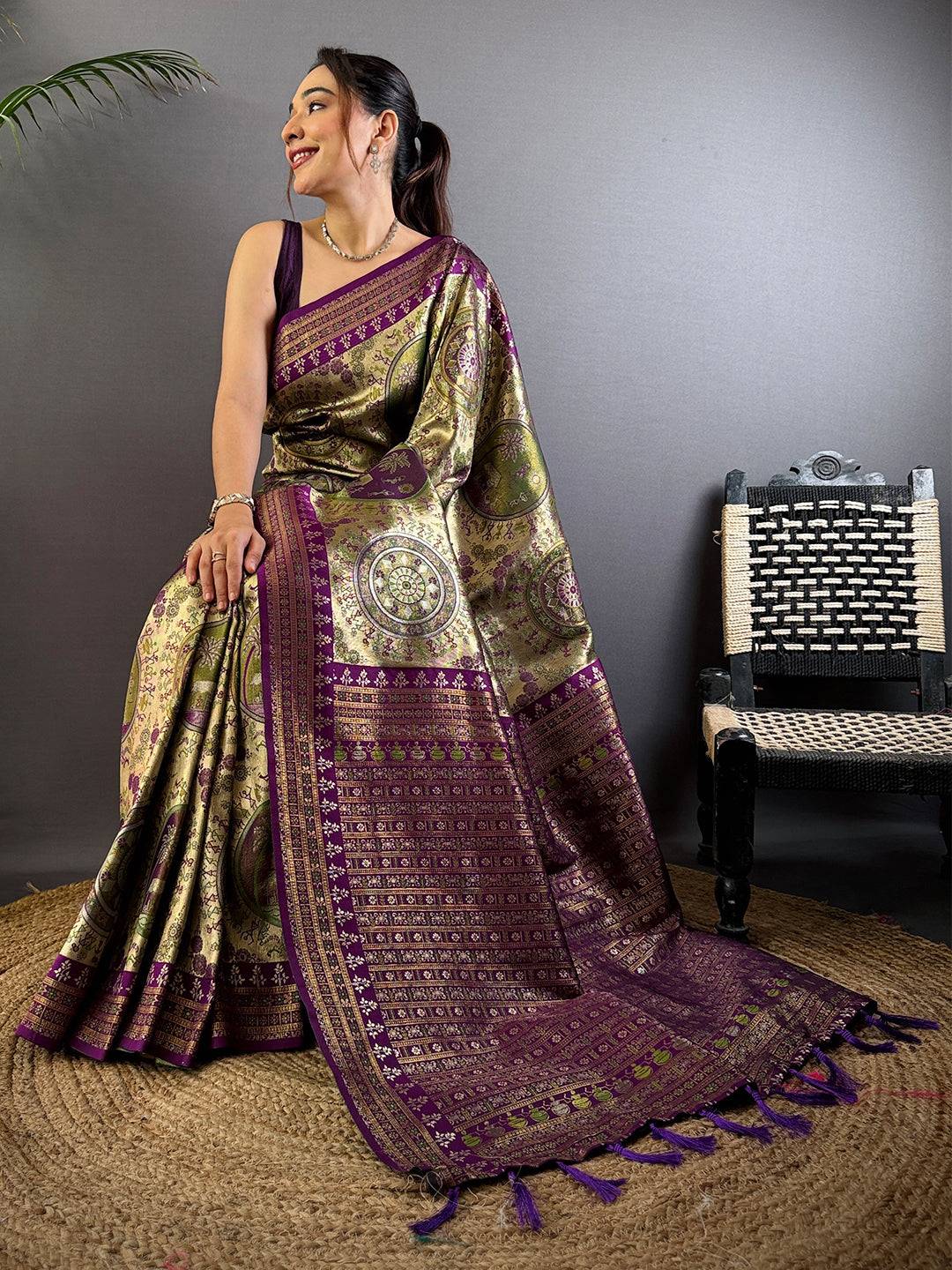 Radiance Warli Gold Zari Dharamavaram Silk Saree