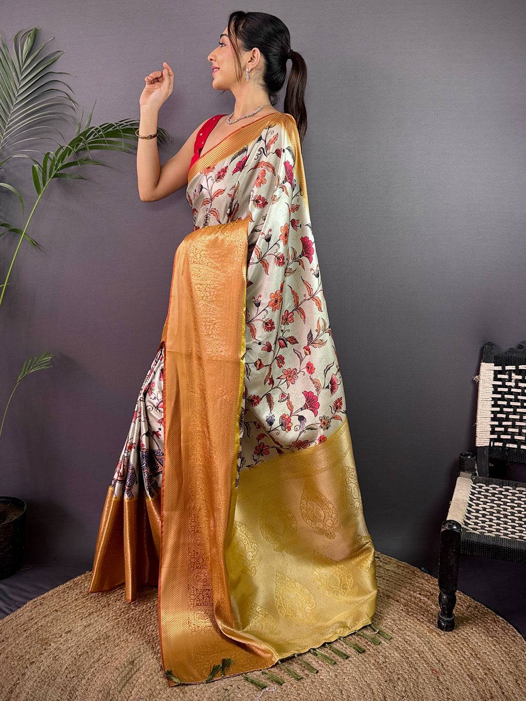 Mint Green Cherry Satin Kalamkari Saree