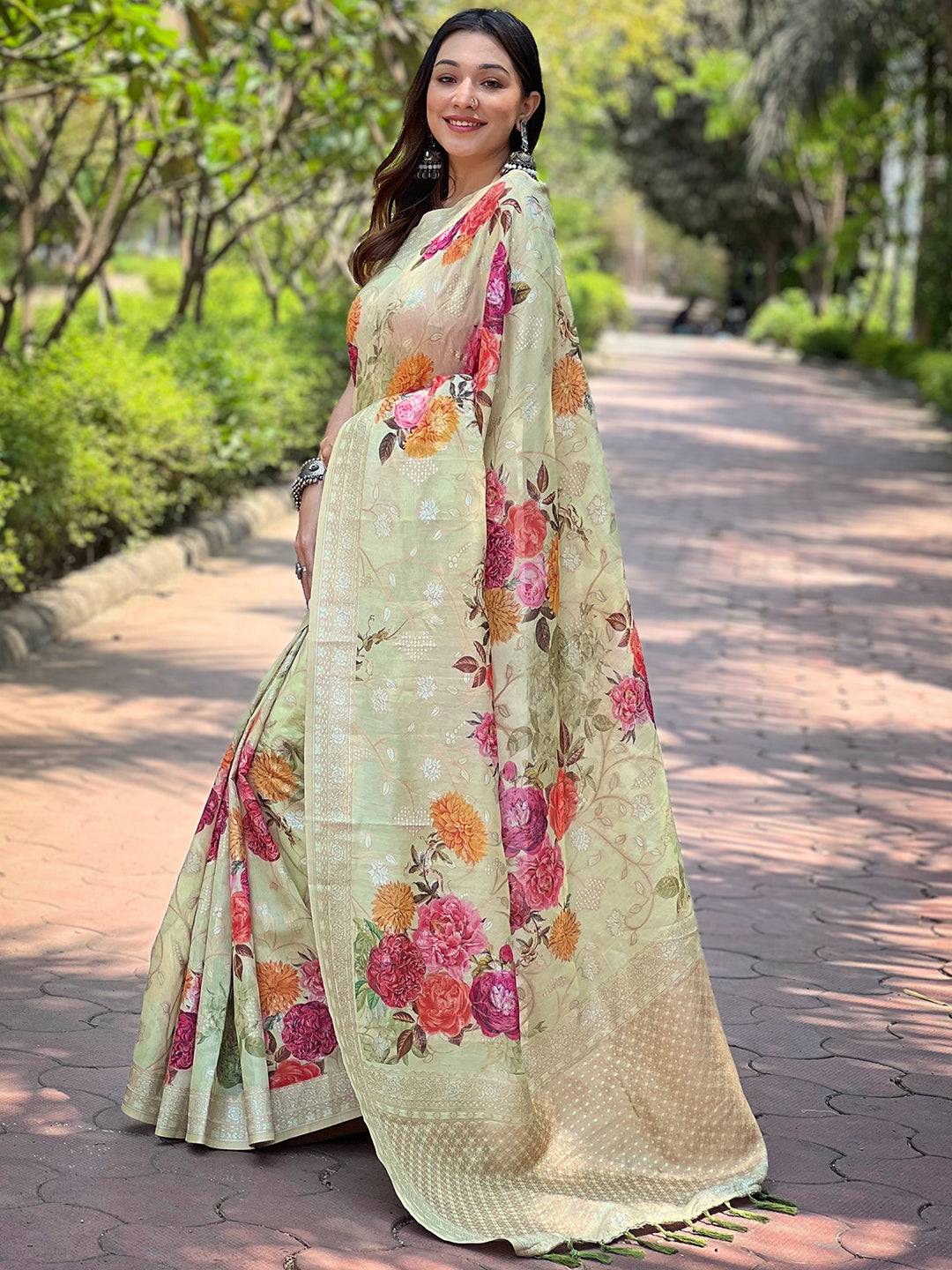 Model wearing Pista Lakhnavi Bandla Zari Saree, side view
