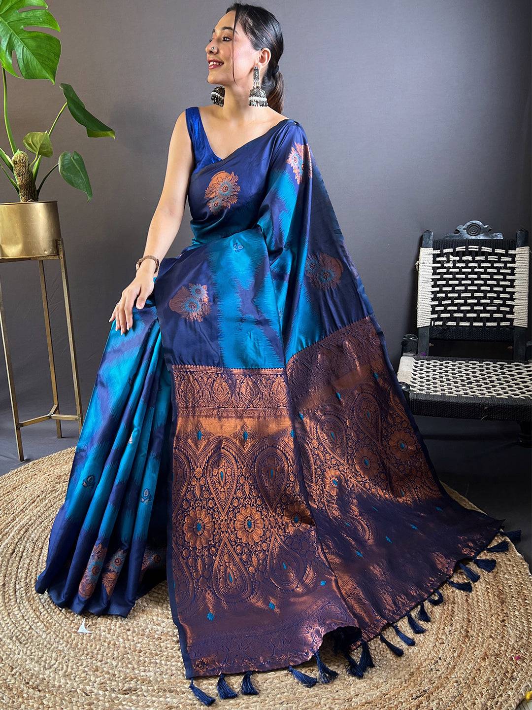 Seated pose with Dark Blue Tussar Silk Ikkat Weaving Saree
