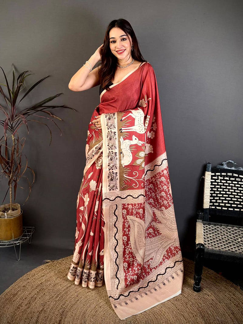 Classic Maroon Printed Soft Tussar Saree